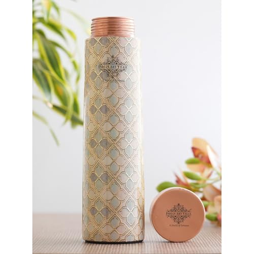 Image of INDIAN ART VILLA Copper Gold Print Copper Bottle, Copper Drinkware, 800 ML, Gold Printed White