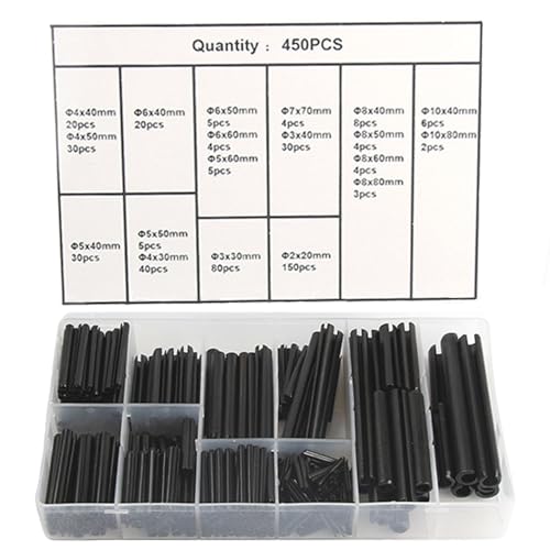 NIYATA Set of 450 notched pins, hollow split pins set, hollow spring pins, slotted spring pins, assortment box, tension pins, stainless steel M2/M3/M4/M5/M6/M7/M8/M10