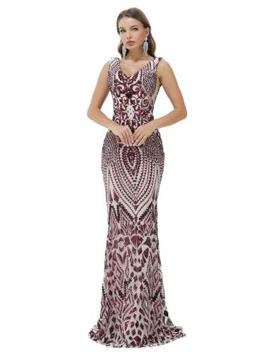 Image of Women's Wedding Bridesmaid Gown Sequined Mermaid V Neck Sleeveless Evening Dress