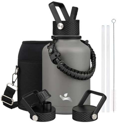 Image of Konokyo Insulated Water Bottle with Straw,50 oz 3 Lids Water Jug with Carrying Bag,Paracord Handle,Double Wall Vacuum Stainless Steel Metal Flask,Gray