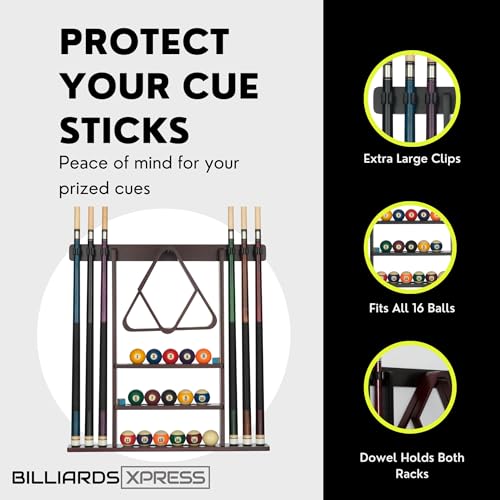 BILLIARDS XPRESS Pool Cue Rack - Pool Stick Holder Wall Mount With 16 Ball Holders & 6 Pack Of Chalk - Rubber Circle Pads & Large Clips Prevent Damage - Man Cave Billiard Table Accessories (Mahogany) - Thumbnail 2
