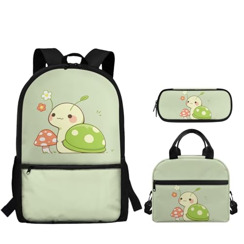 Snail Mushroom School Bag for Boys Girls Backpack with Lunch Bag for Kids Age 8-10 11-13 Years Child Book Bag with Pencil Case 3 in 1 School Backpack Set