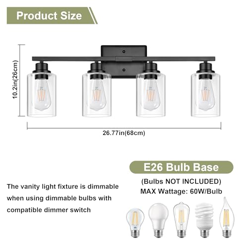 Image of Unicozin Modern Bathroom Light Fixtures, 4 Light Vanity Lights Over Mirror, Black Wall Lamp with Clear Glass for Living Room Cabinet Bedroom Porch