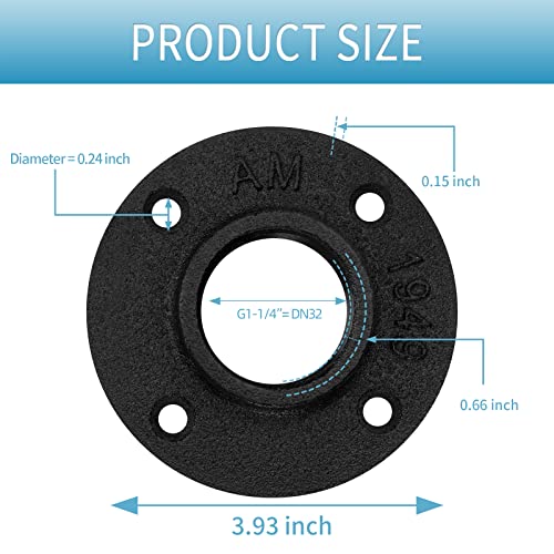 1-1/4" Black Floor Flange, Home Tzh 4 Pack Malleable Iron Pipe Flange For Industrial Vintage Style, Flanges With Threaded Hole For Diy Project/Furniture/Shelving Decoration (4, 1-1/4 Inch) #TOP1
