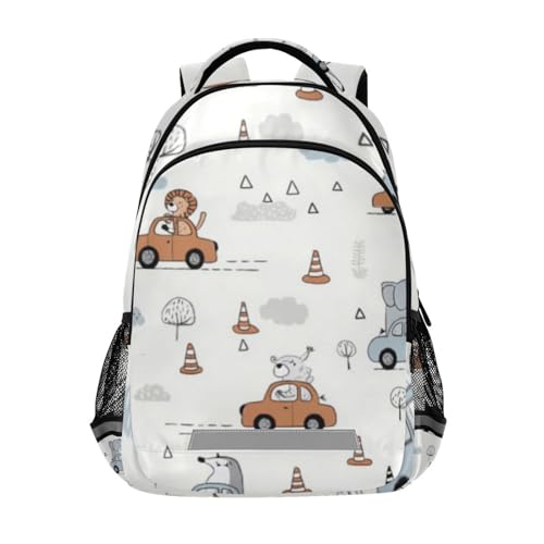Animals Driving Trunk Kid's Elementary Middle School Backpack for Son Daughter, Age 6-12 Back to School Backpack Bookbag Schoolbag for Boys Girls