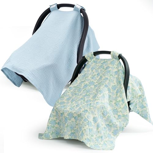 Image of SERAPHY 100% Muslin Cotton Car Seat Cover Baby, 2 Pack Universal Carseat Covers Baby Boy Girl, Breathable Car Seat Canopy, Soft Infant Car Seat Cover for Summer and Winter—2 Pcs Blue&Flowers