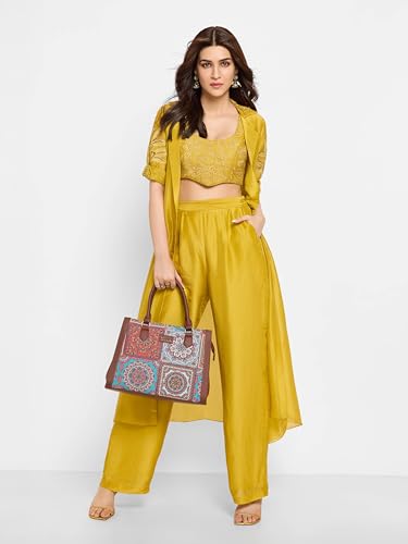 Image of ZOUK Printed Jute Handcrafted Vegan Leather Multicolor Women's Satchel Bag | Ladies Purse Handbag | Double Handle Detachable Strap