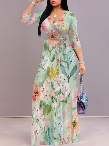 Image of SUZONANA Plus Size Dresses for Women Floral Print Maxi Dress Flowy 3 /4 Sleeve with Belt