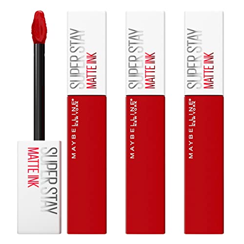 Maybelline New York SuperStay Matte Ink Lippenfarbe 340 Exhilarator mit 16 Stunden Brenndauer - 3 Lippenstifte mit Spitzen-Applikator