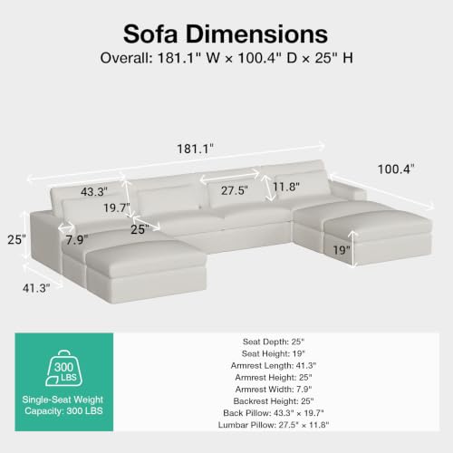 Image of Novilla 181 inch Deep Seat Modular Sectional Sofa, Removable Washable Covers, U Shape 8 Seater Cloud Couch with Lumbar Pillows, Chenille Boneless Sectional Couch Beige, No Assembly Required