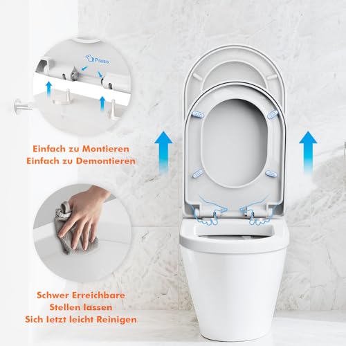 Ibergrif WC Sitz mit Absenkautomatik, D Toilettendeckel Einfache Montage und Sauber, Klodeckel Quick-Release-Funktion, Antibakterielle, für die Meiste Toilette, Belastbarkeit von 150kg, M41001, Weiß
