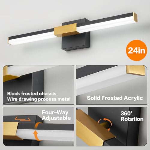 Image of SOLFART Vanity Lights for Bathroom Dimmable: Black and Gold 24-Inch Built-in Step Dimming Bathroom Light Fixtures Over Mirror ETL IP44