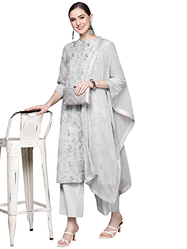 Image of ZIYAA Women's Grey Chanderi A-Line Kurta Palazzo And Dupatta Set(ZISKDCH3930)