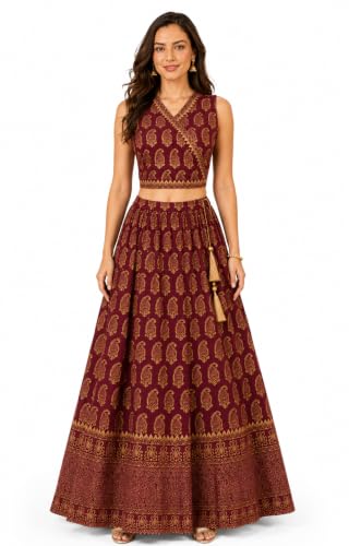 JAIPUR HAND BLOCK Chaniya SLEEVELESS Choli dress GOLD PRINT PASLEY Lehenga Choli festive Diwali Navratri (M, M