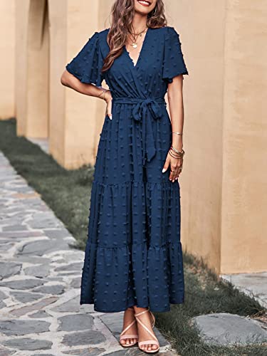 MASCOMODA-Women-Boho-Swiss-Dot-Maxi-Dresses-Wrap-V-Neck-Flutter-Short-Sleeve-Solid-Tie-Waist-A-Line-Tiered-Flowy-Long-Dresses