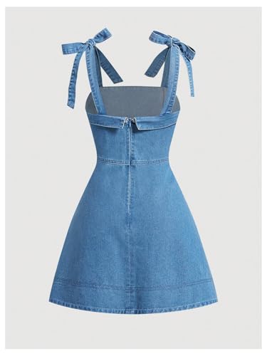 Image of SHENHE Women's Tie Shoulder Sleeveless Denim Mini Dress Layered Ruffle Hem Jean Dress
