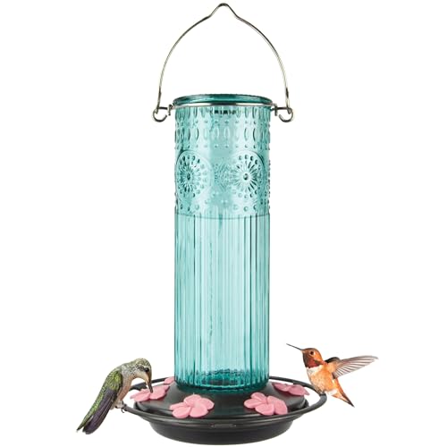 Nature's Way ANTGHF2 Hanging Antique Glass Gravity Hummingbird Feeder for Outdoor Decor, 28 Ounce Capacity Nectar Feeder, 6 Easy to Clean Flexible Pink Ports, Teal