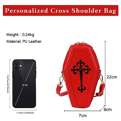 PORRASSO Gothic Crossbody Bag Women Shoulder Bag PU Messenger Bag Coffin Shape Handbags for Travel Halloween Daily Use Red3