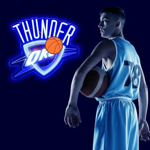 Image of Basketball Team Neon Sign, Sport Light Up Dimmable OKC City Basketball Team Logo Hanging USB Powered Led Neon Sign for Wall Decor, Bedroom, Man Cave, Party, Birthday Party Christmas Merch Deco Gift for OKC Boys Teens Fans