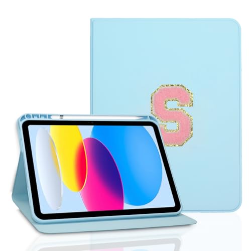 TopPerfekt Case for iPad 11th (A16) 11-inch 2025 / iPad 10th Generation 10.9-inch 2022, Initial Chenille Letter Suture, Cute Case with Auto Sleep/Wake, Support Touch ID, Pencil Holder (Sky Blue, S)