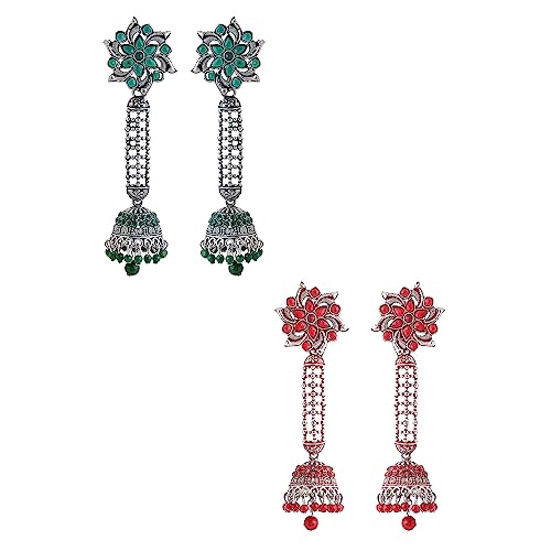 Image of Yellow Chimes Earrings for Women and Girls Traditional Silver Oxidised Jhumka German Silver Earring Set Dome Shaped Dangler Jhumki Earrings Combo | Birthday Gift For Girls and Women