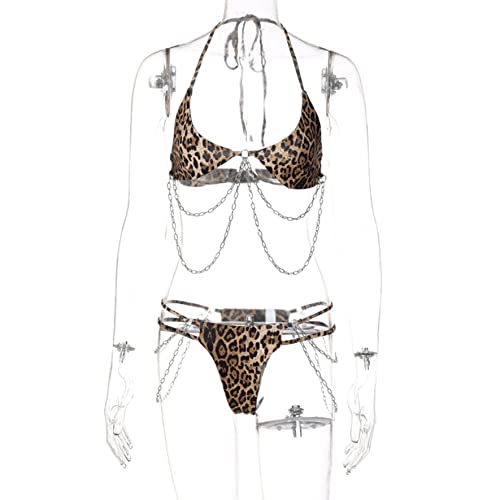 Caviotess Women Leopard Metal Chain Triangle Bikini Sexy Cut Out String Swimsuit Bathing Suit #TOP4
