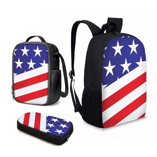 Howilath American Flag Pattern Canvas School Backpack for Girls, 17 Inch Backpack Set for Teen Boys School Bookbag 3 Pcs Lunch Bag Pencil Case2