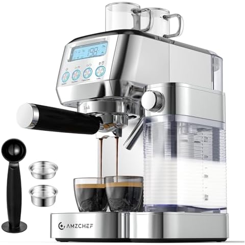 amzchef Espresso Machine with LCD Display, 20 Bar Cappuccino Machines with Automatic Milk Frother for Home Gifts, Latte Coffee Maker with Dual Wall & Filters, Stainless Steel Style, Silver Cover