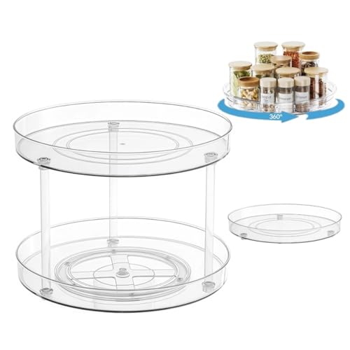 Image of Lazy Susan Turntable, Clear Cupboard Condiment Spinning Tray, Rotating Storage Organizer, for Kitchen, Fridge, Pantry Cabinet, Refrigerator,Vanity Desk, Bedroom, Bathroom（Double-layer）