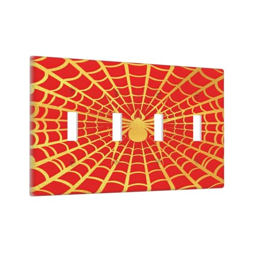 Decorative Switch Plate Covers Red Background with Golden Spiderweb Spider 4 Gang Light Switch Cover Plate Quad Toggle Wall Plate Light Switch Covers for Bedroom Home Decor