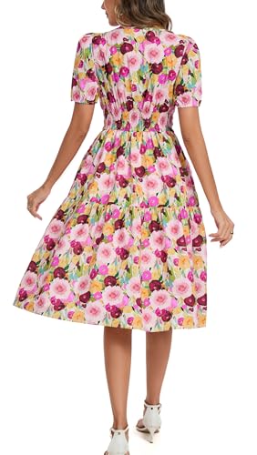 Image of Kormei Women Summer Casual Boho Floral Round Neck Short Sleeve Smocked Waist Tiered Flowy Swing Midi Dress