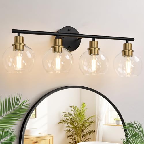 Indoi 4-Light Bathroom Light Fixtures, Black and Gold Bathroom Lights
