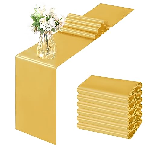 Horbaunal 6 Pack Satin Runners 12 x 108 Inch Bright Silky Smooth Satin Table Runners for Birthday Wedding Party Banquets, Luxury Gold by Horbaunal - Used condition - US$10.51