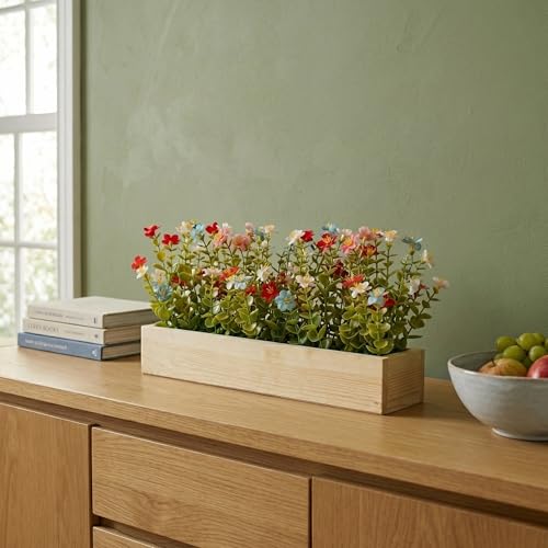 Image of Dekorly Artificial Fern Plant Arrangement with Wooden Planter (24 CM) | Premium Realistic Floral Decor for Table & Living Room | Stylish Indoor Decor for Living Room