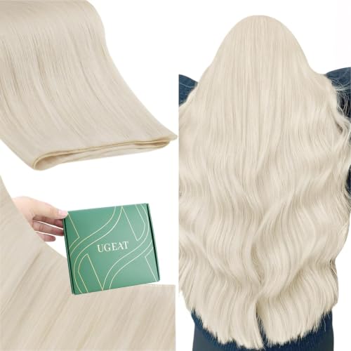 Image of Ugeat 24 Inch Genius Weft Hair Extensions Human Hair Platinum Blonde Genius Weft Hair Extensions Blonde Real Human Hair Genius Wefts Extension Cuttable Add Length 80G