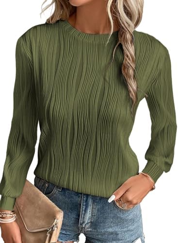 EVALESS Womens Tops Trendy 2024 Casual Long Sleeve Crewneck Basic T Shirts Ladies Loose Textured Pullover Blouses