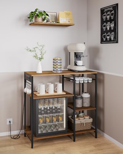 Image of VASAGLE Baker's Rack, Coffee Bar Stand with Charging Station, Storage Shelves, Pull-Out Wire Basket, Table for Microwave, Kitchen, Rustic Walnut UKKS036K41, 15.7 x 35.4 x 35.6 Inches