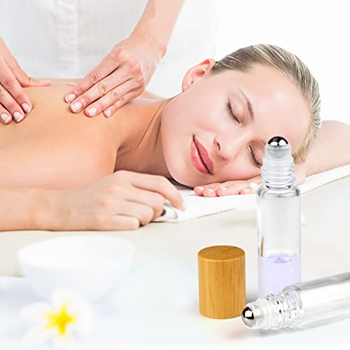 Clear Refillable Glass Empty Roll On Bottles Roller Bottle,10Ml Bamboo Roll On Bottle For Essential Oils Perfume Sample Bottles With Stainless Steel Roller Ball &Bamboo Cap,12Pcs #TOP3