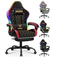bigzzia Gaming Chair with Lights Computer Game Chair RGB Led, PU Leather Video Game Chair for Adults with Footrest (Red-with RGB)