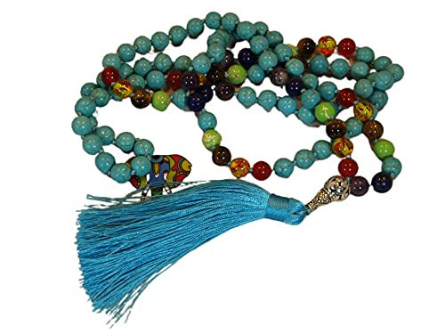 Cartucho Recargable Mala Tibetano para meditación 108 cuentas de 8mm Turquesa + 7 Colores Chakras y Amuleto Plateado Cover