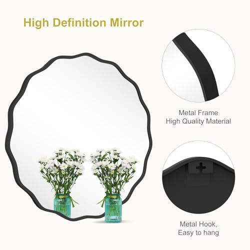 Image of WallBeyond Round Wavy Mirror for Wall Decorative 28 inch, Modern Round Mirror Aluminum Frame for Bathroom Bedroom Living Room Home House Office Entryway, Black