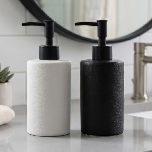 TANEW 2-Pack Black & White Ceramic Hand Soap Dispenser Set 12oz Refillable for Essential Oil, Dish Soap or Lotion - Countertop Soap Dispensers for Bathroom, Sink, Kitchen