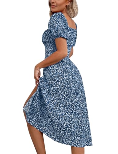 Image of SPRIME Women's Floral Summer Casual Dress Square Neck Puff Sleeve Boho Midi Dresses Ruched Bust High Waist Split Long Dress