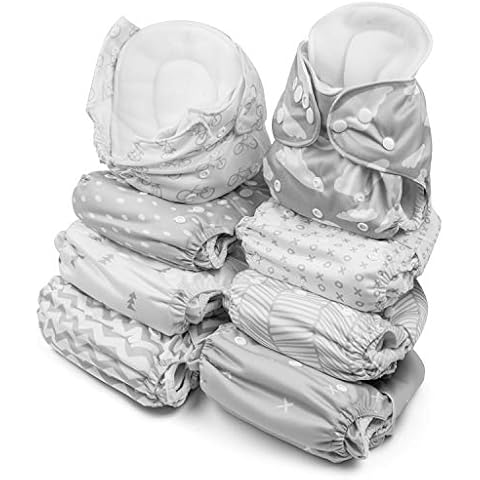 BaeBae Goods Adjustable Cloth Diapers for Boys and Girls – 8 Reusable Cloth Diapers for Babies with 8 Cloth Diaper Inserts (Grey Clouds) Cover