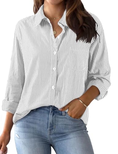 Xnova Bluse Damen Langarm Gestreifte, V Ausschnitt Button Down Hemd Oberteile Tops Baumwolle Streifenbluse, Elegante Hemdbluse Blusenshirt Casual Büro Basic Shirt Business Outfit (Grau, L) Xnova Bluse Damen Langarm Gestreifte, V Ausschnitt Button Down Hemd Oberteile Tops Baumwolle Streifenbluse, Elegante Hemdbluse Blusenshirt Casual Büro Basic Shirt Business Outfit (Grau, L)