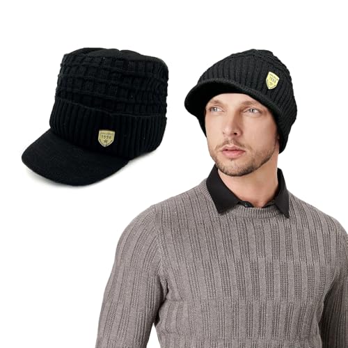 TUONYIS Gorro de Invierno para Hombre con Visera, Gorro de Punto, Gorro con Forro Polar, Gorro con Visera con Orejeras para Actividades al Aire Libre (Negro)