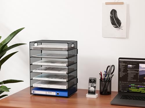 EasyPAG 7 Fächer A4 Metall Büro Schreibtisch Organizer Dokumentenhalter Aktenablage Zeitschriftenhalter Briefablage Papier Magazin Organisator,Schwarz