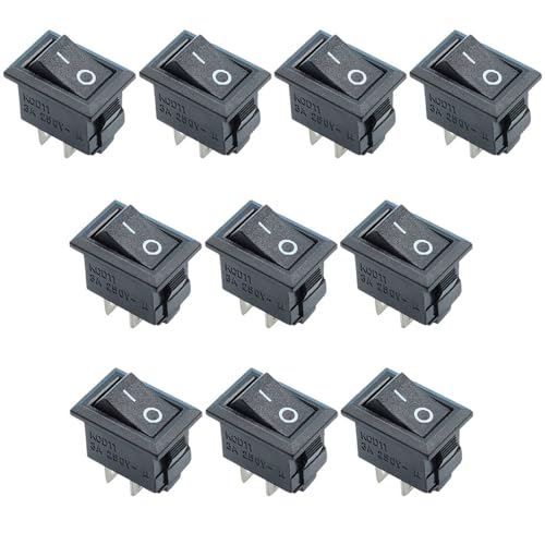 Btkigl 10 pezzi Interruttore a pulsante SPST 2 pin KCD11 Interruttore a bilanciere a scatto On/Off Interruttore di alimentazione 3A 250V 10x15mm (Nero)