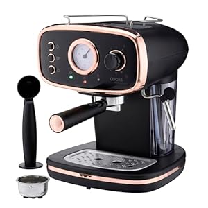 Cooks Professional 15-Bar Retro Espresso Coffee Machine with Frothing Steam Wand, Built-In Temperature Gauge, 1.2L Water Tank & Stainless Steel Drip Tray | Black & Copper