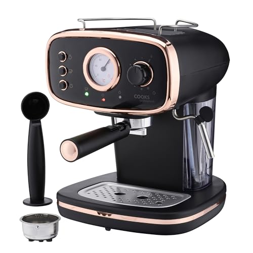Cooks Professional 15-Bar Retro Espresso Coffee Machine with Frothing Steam Wand, Built-In Temperature Gauge, 1.2L Water Tank & Stainless Steel Drip Tray | Black & Copper